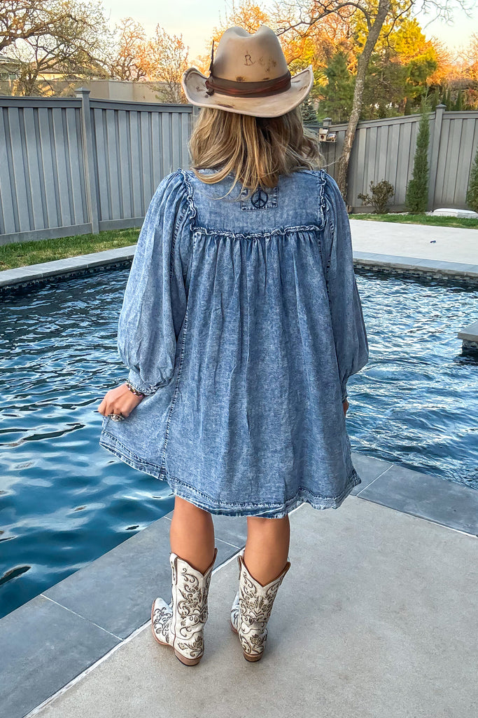 Country Charm Pintuck Oversized Denim Dress - Denim