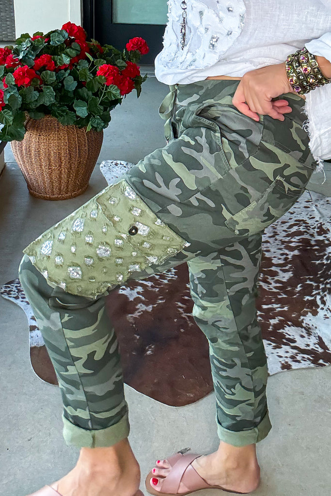 Made in Italy Scrunchy Stretch Cargo Jogger Pants – Ultra Comfortable - Green Camo Sequin (Size 6 to 24)