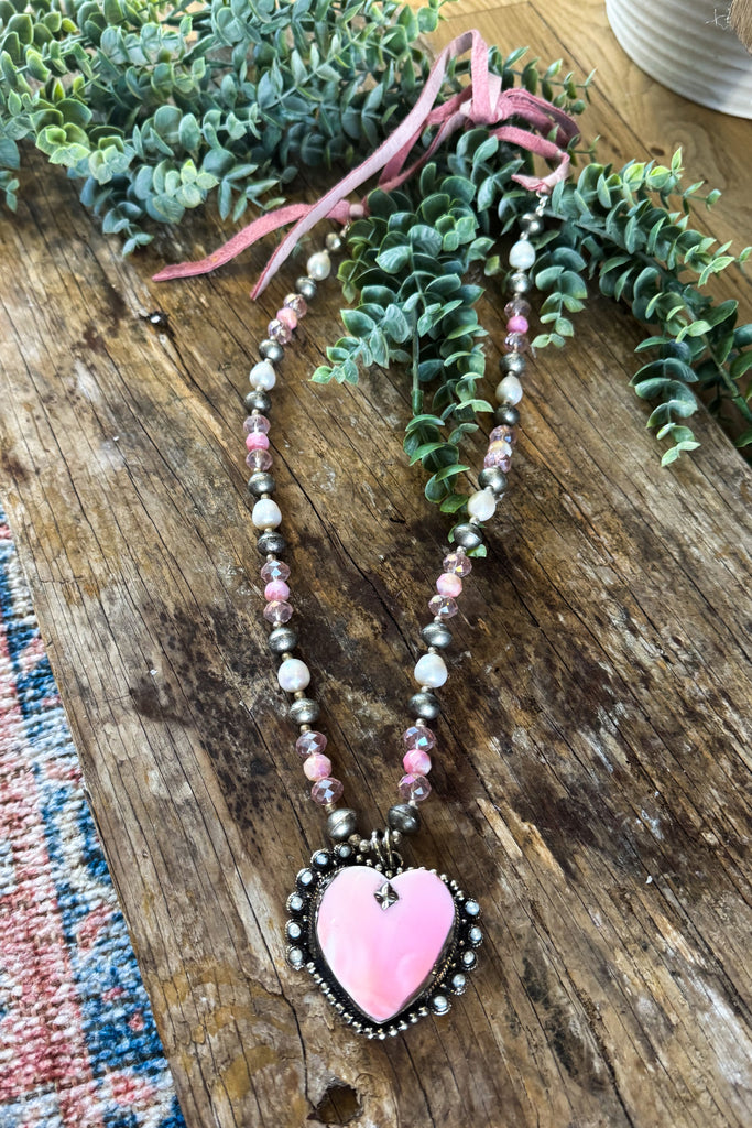 Blush Sacred Heart Necklace - Conch Stone, Fresh water pearls - Silver Plated