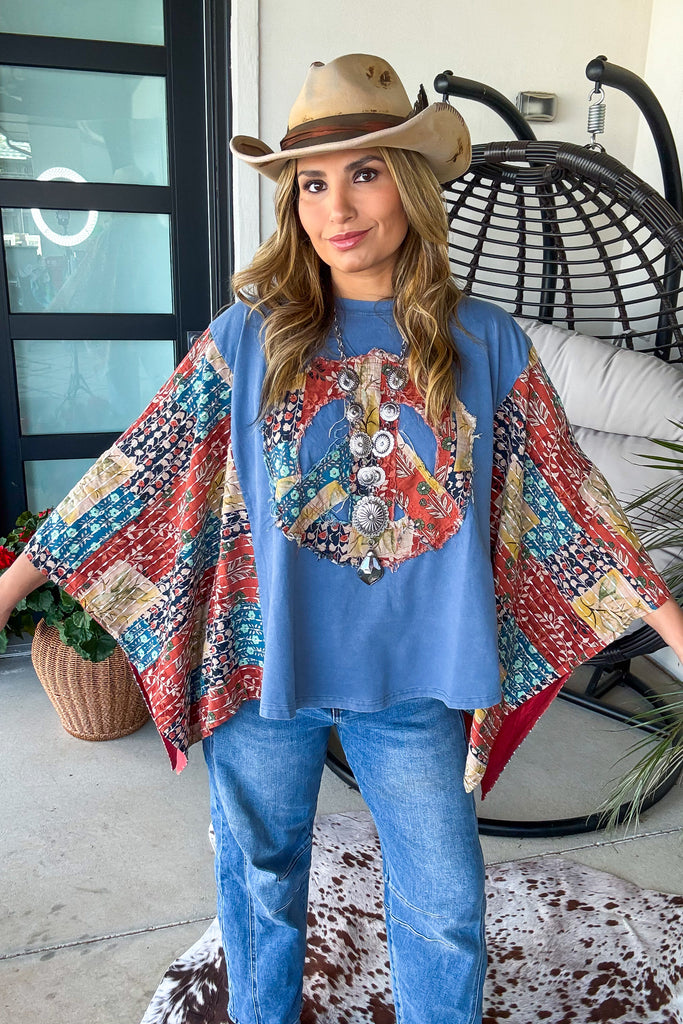 Peaceful Horizon Poncho Top - 100% Cotton - Blue