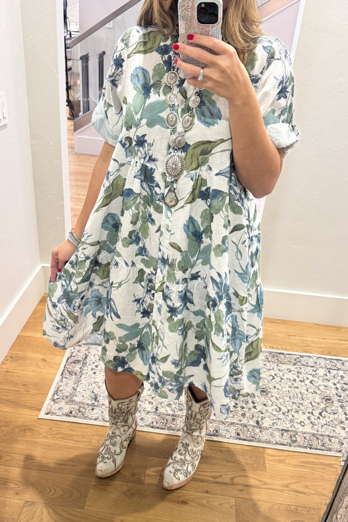 Coastal Floral Linen Dress - Made In Italy - 100% Linen
