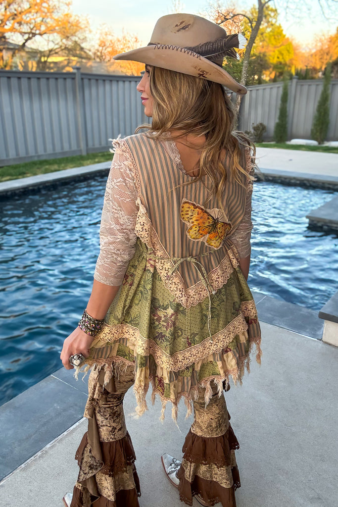 Velvet Butterfly Ruffled Leggings - Brown