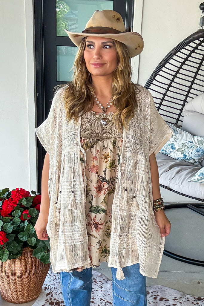 Starlit Sand Tie Front Cardigan - 100% Cotton - Natural