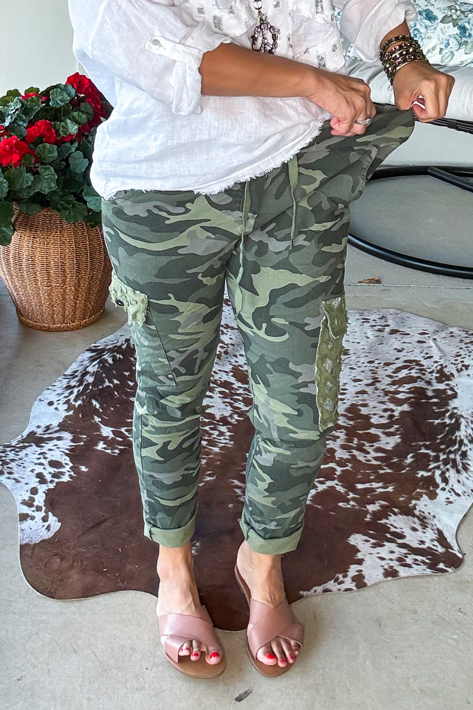 Made in Italy Scrunchy Stretch Cargo Jogger Pants – Ultra Comfortable - Green Camo Sequin (Size 6 to 24)