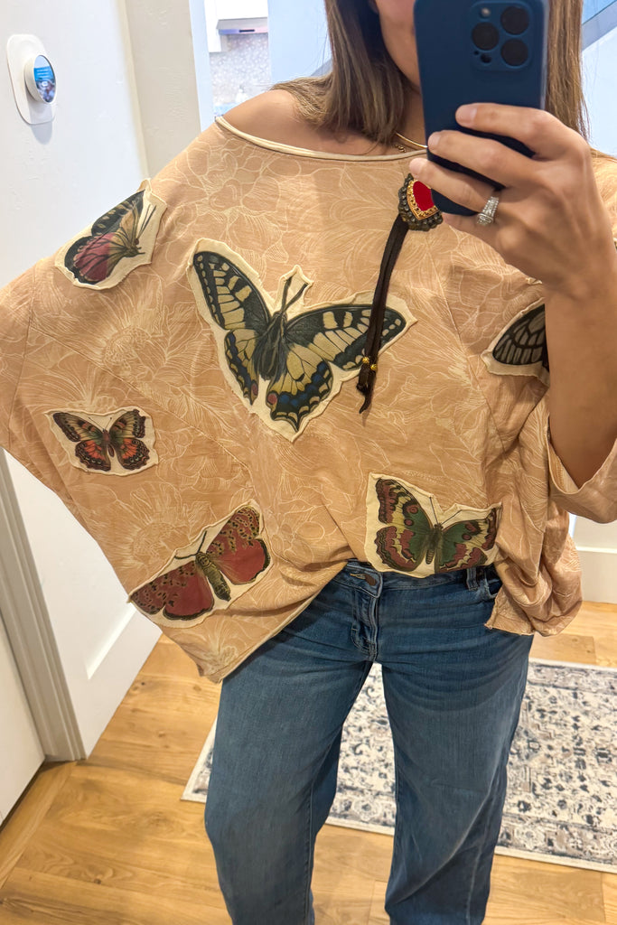 Butterfly Garden Oversized Top - Tan - 100% Cotton