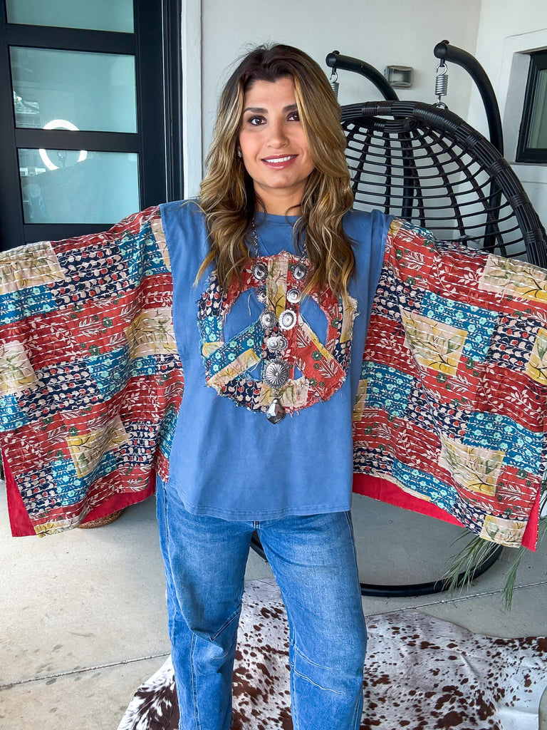 Peaceful Horizon Poncho Top - 100% Cotton - Blue