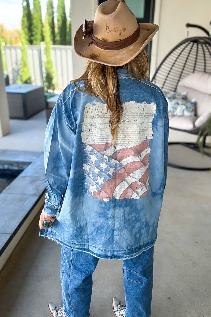 We the People Oversized Denim Shirt - Rhinestones - 100% Cotton
