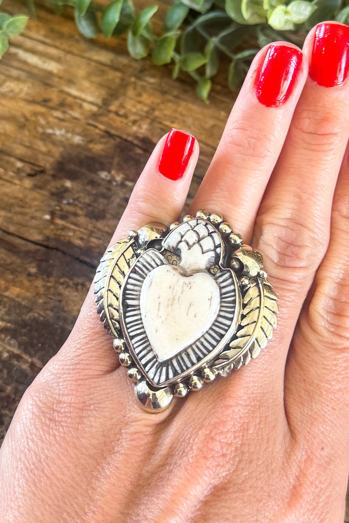 Sacred Heart Bone Statement Ring - silver plated