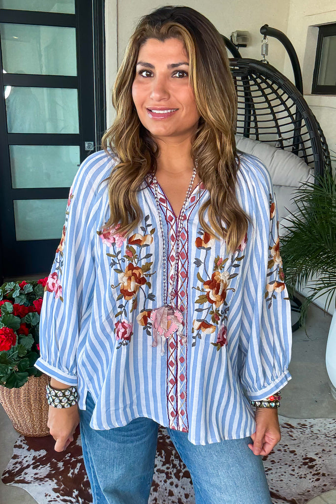 Embroidered Keepsake Blouse - Blue - 100% Cotton