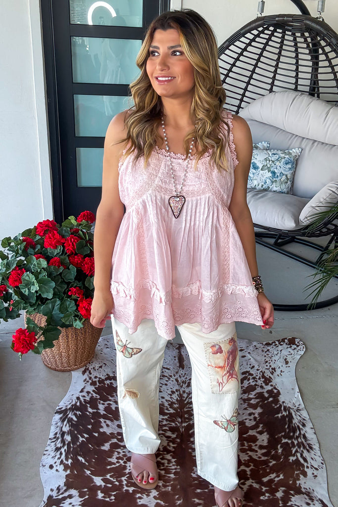Pink Lace Sunset Tank - 100% Cotton - Pink