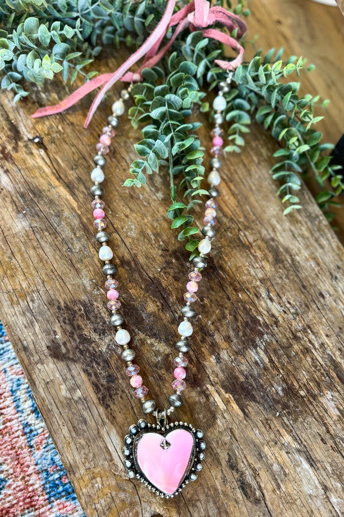 Blush Sacred Heart Necklace - Conch Stone, Fresh water pearls - Silver Plated