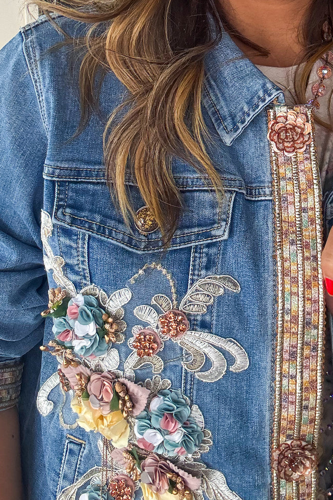 One of a Kind - Rhinestone Bloom Denim Jacket - Denim