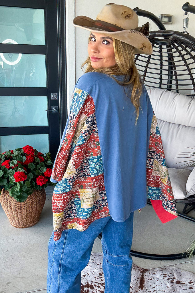Peaceful Horizon Poncho Top - 100% Cotton - Blue