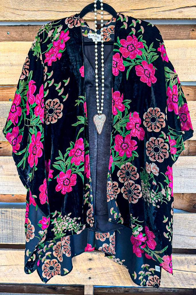 More To Come Burnout Velvet Kimono - Black