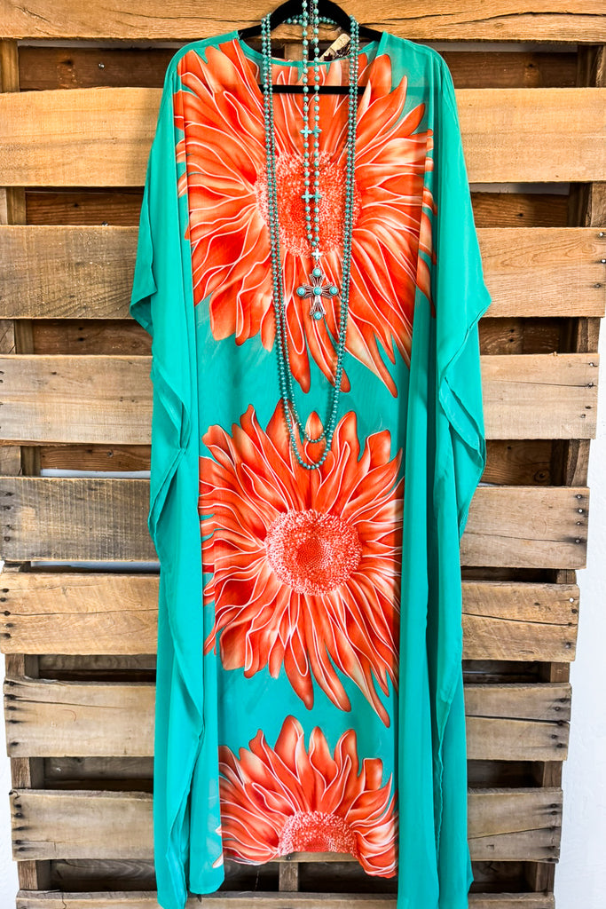 Sun Dancer Oversized Sheer Kaftan Beach Cover Up - Aqua