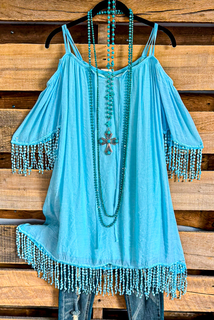 Too Much Fun Cold Shoulder Tunic/Top - Turquoise