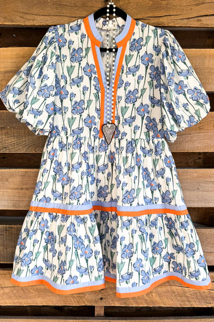 Blossom Bell Dress - Blue- 100% COTTON