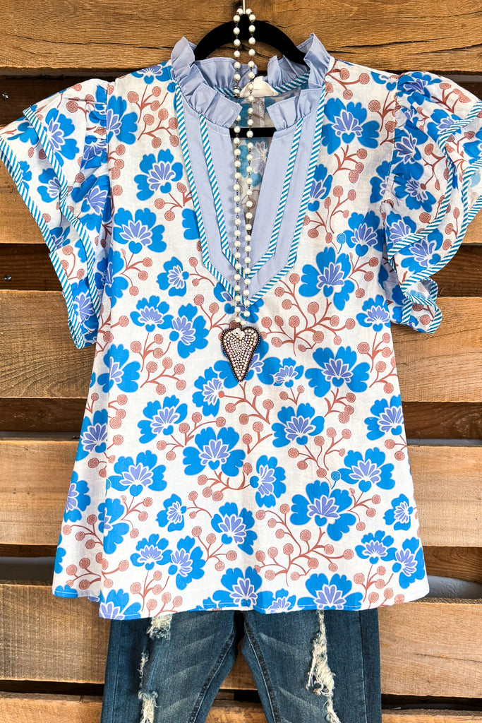 Brilliant Bouquets Top - Blue - 100% COTTON