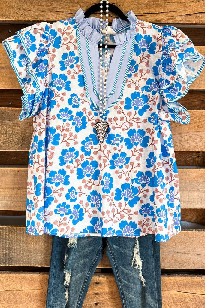 Brilliant Bouquets Top - Blue - 100% COTTON