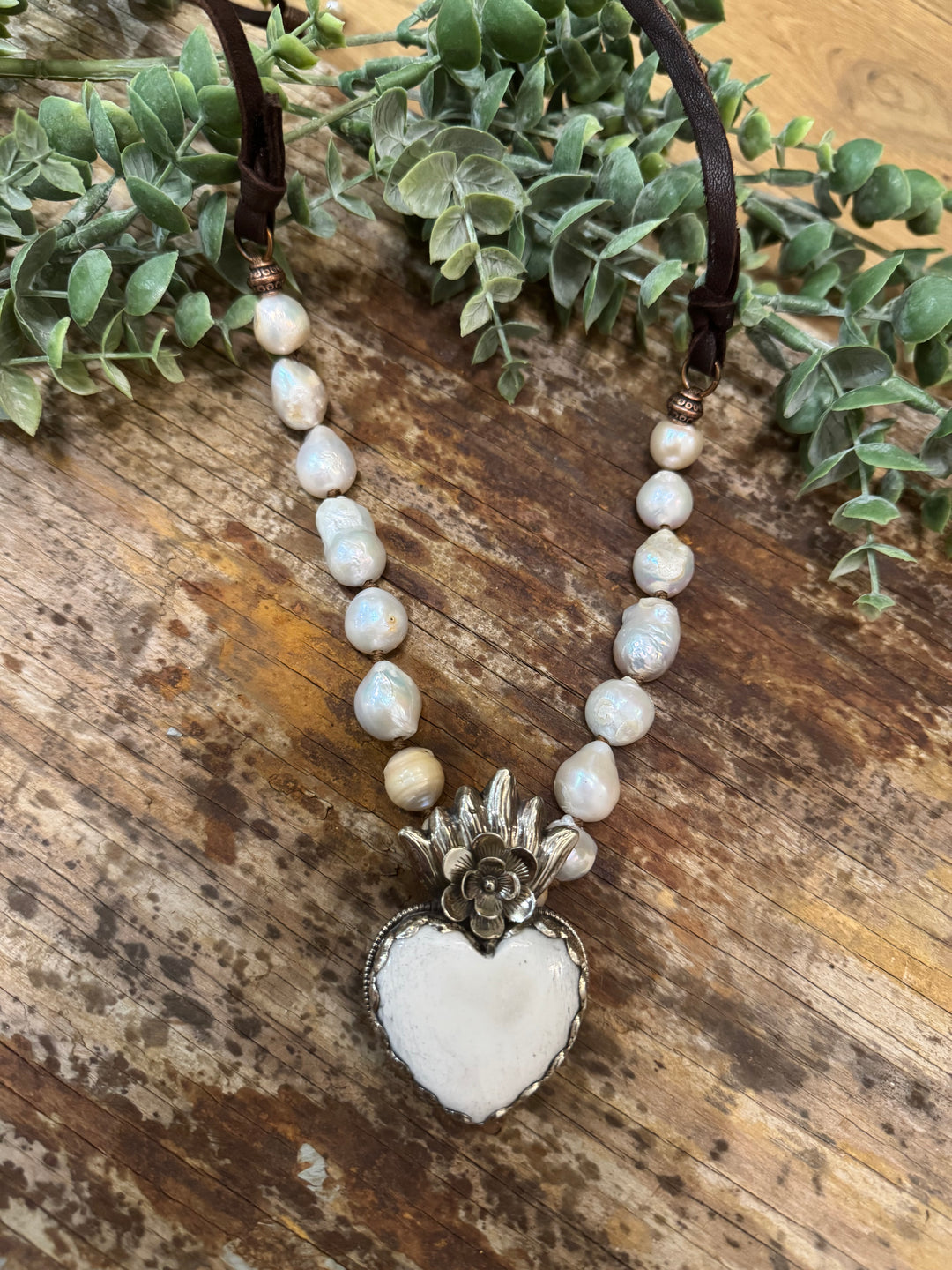 Bone Heart Pendant with Fresh Water Pearls - Handmade in Texas