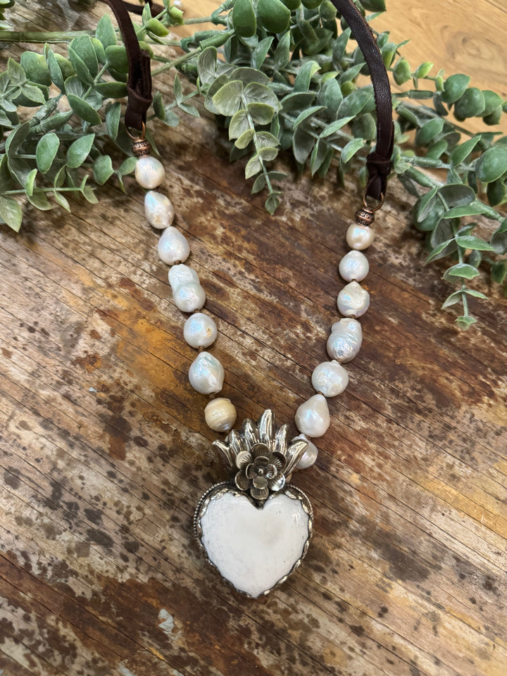 Bone Heart Pendant with Fresh Water Pearls - Handmade in Texas