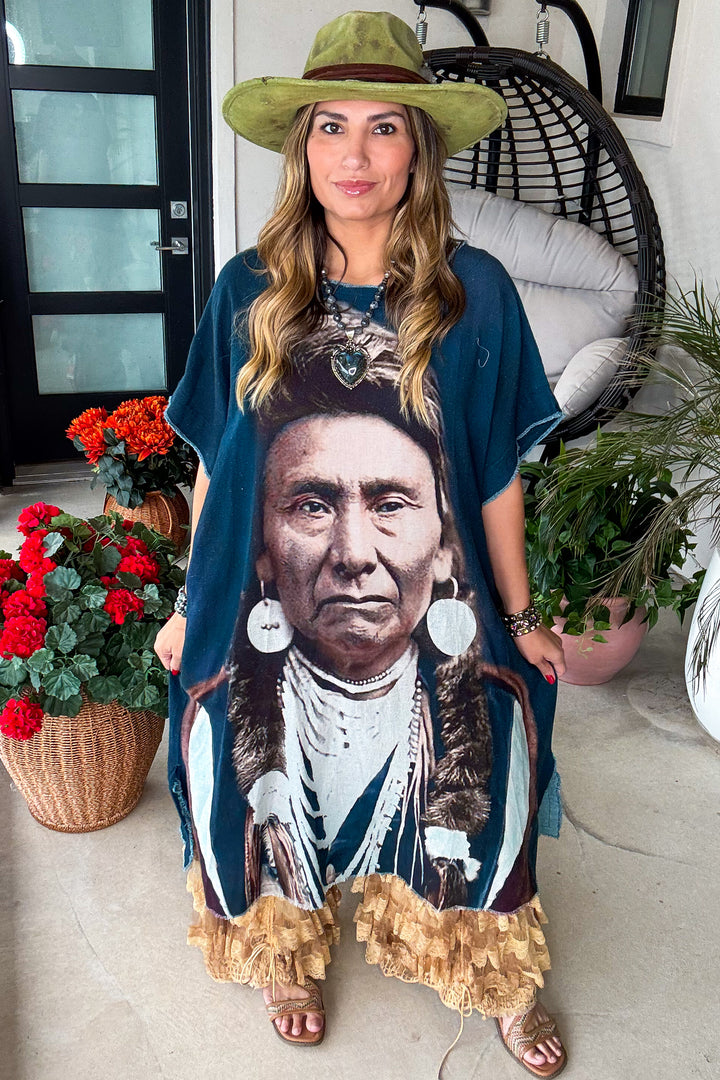Chief Joseph Oversized Linen Feeling Dress/Tunic - 100% Cotton - Blue