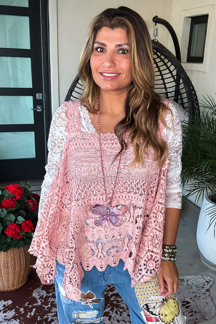 Whispering Details Lace Tank - 100% Cotton - Made in USA - Pink