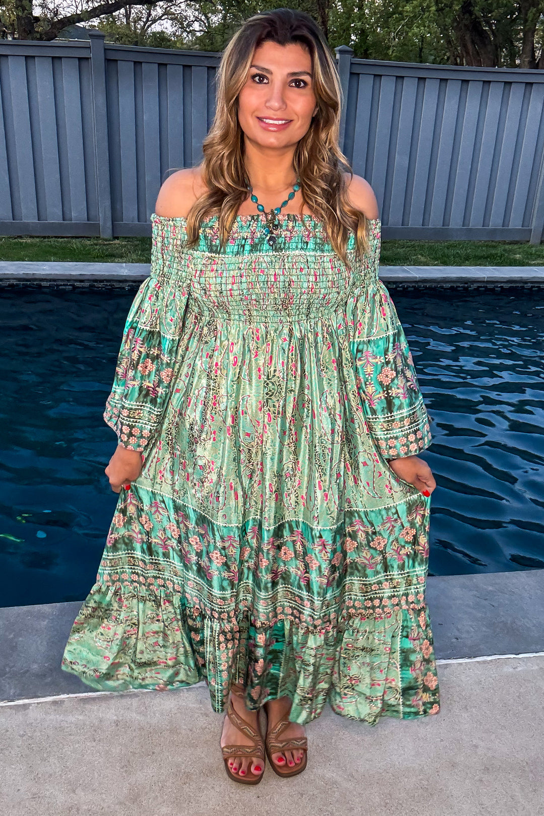 Palace Garden Maxi Dress - 100% Silk - Green/Multi