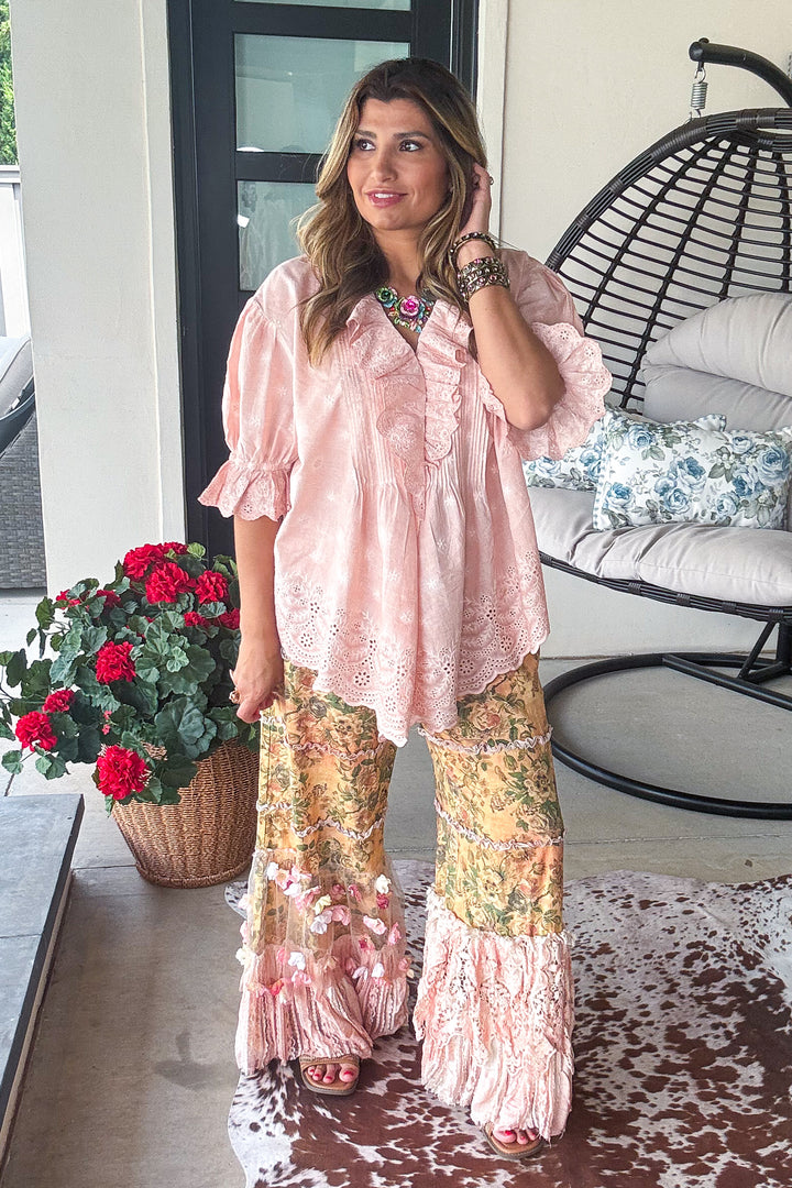 Boho Floral Lace Pants Elastic Waist - 100% Cotton