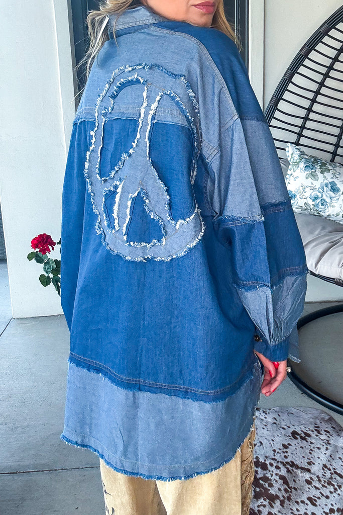 Peace Sign Patchwork Denim Oversized Top - 100% Cotton
