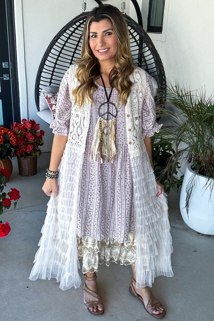 Crochet &amp; Tulle Ruffle Duster Vest - Natural - 100% Cotton