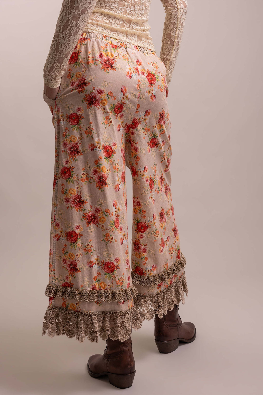 Floral Print Lace Trim Elastic Waist Bloomers
