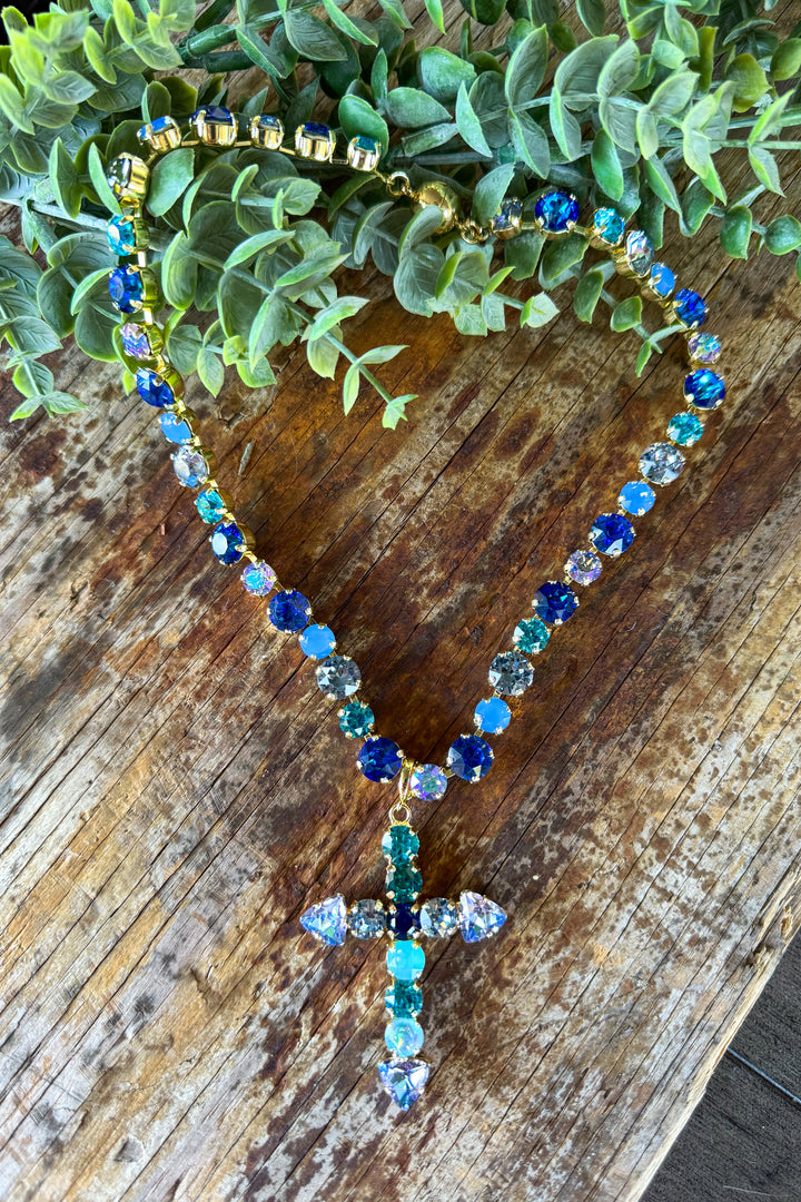 WAFA Austrian Crystal Cross Necklace - Blue
