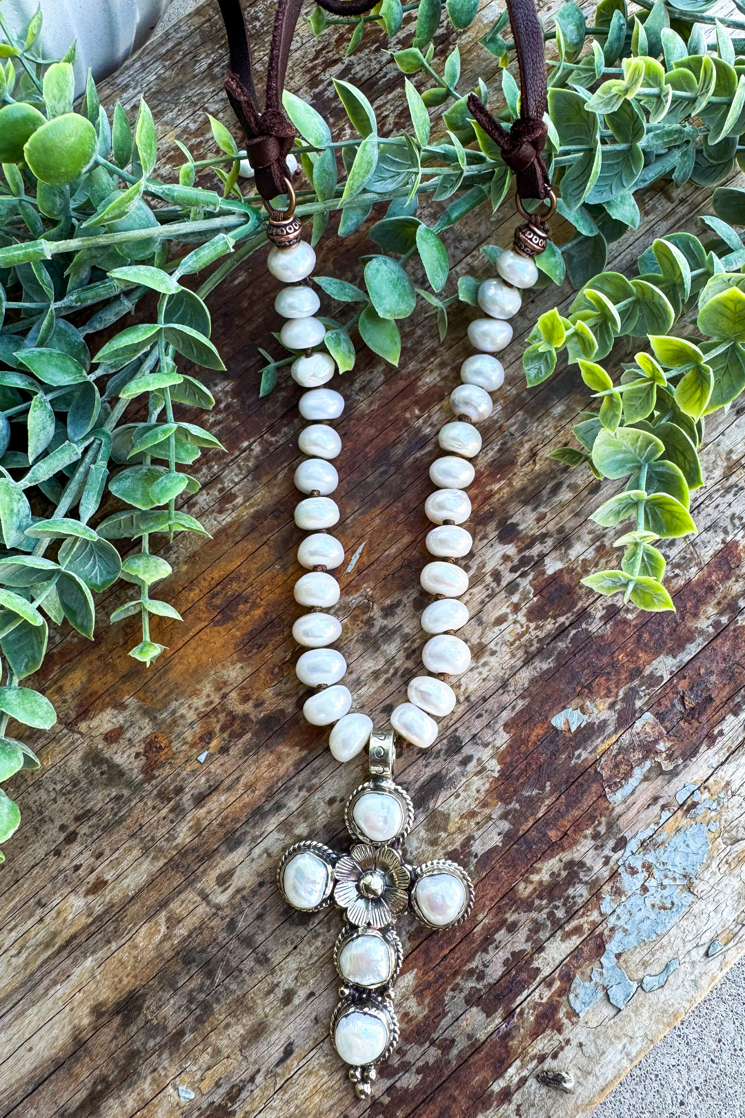 Handmade in Texas - Freshwater Pearl Necklace with Pearl Cross Pendant