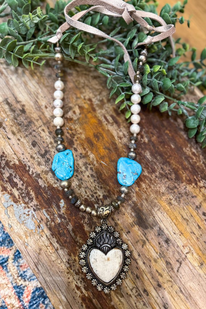 Bone Heart Necklace with Freshwater Pearls &amp; Silver-Plated and Turquoise Pebbles Necklace