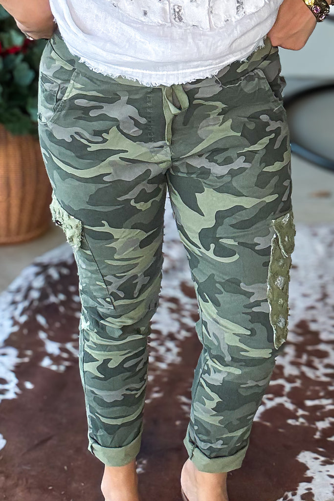 Made in Italy Scrunchy Stretch Cargo Jogger Pants – Ultra Comfortable - Green Camo Sequin (Size 6 to 24)