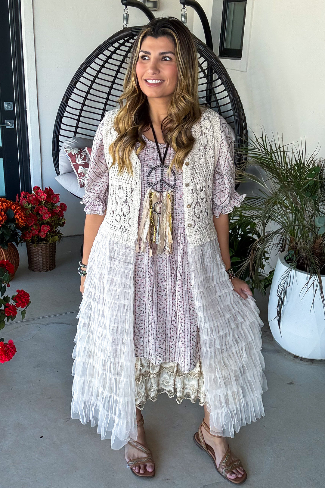Crochet &amp; Tulle Ruffle Duster Vest - Natural - 100% Cotton