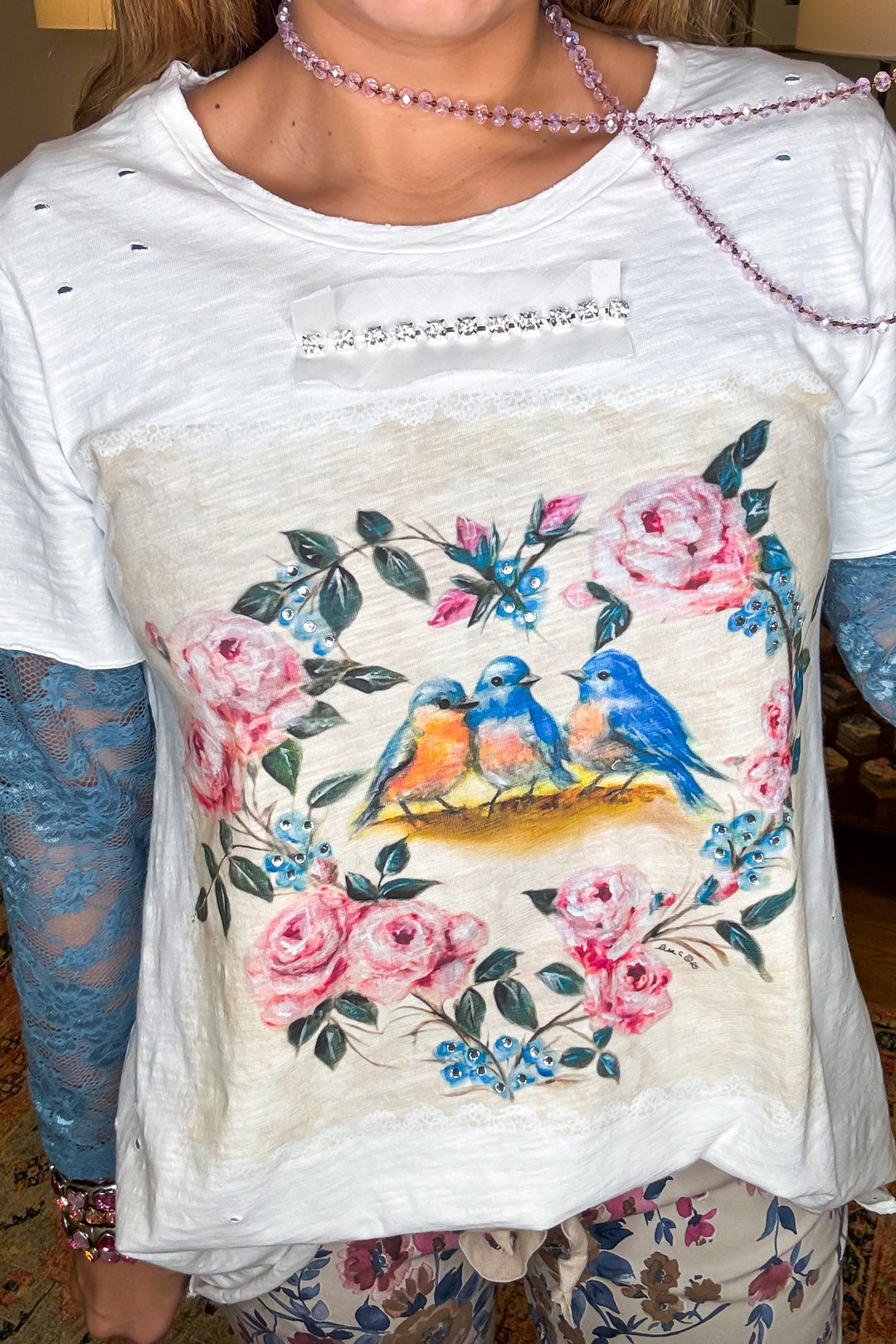 Songbirds Floral Cotton Top - 100% Cotton - Short Sleeve - Made in USA