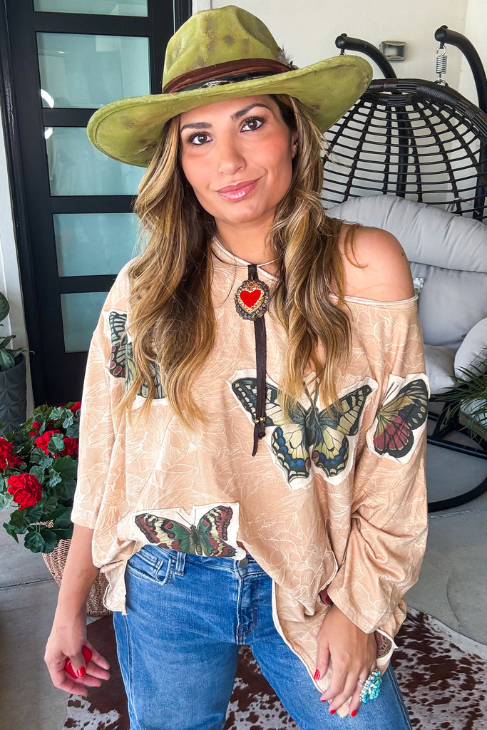 Butterfly Garden Oversized Top - Tan - 100% Cotton