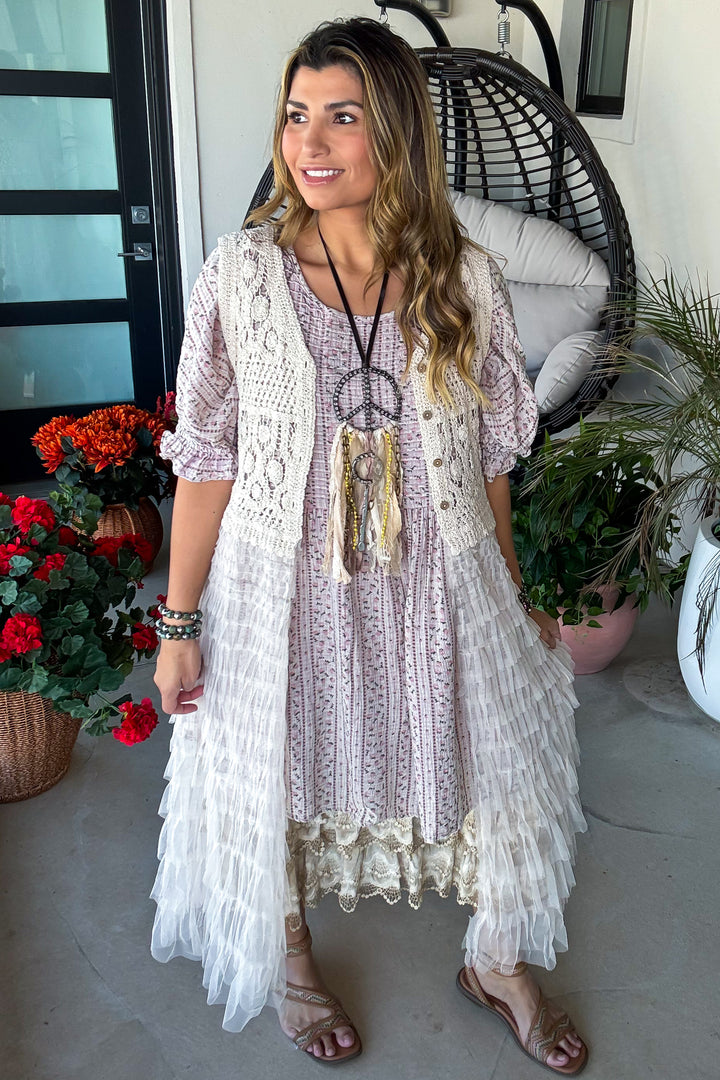 Crochet &amp; Tulle Ruffle Duster Vest - Natural - 100% Cotton