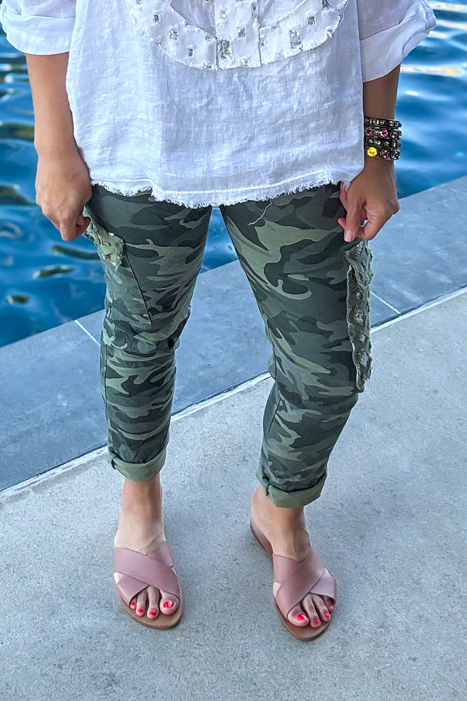 Made in Italy Scrunchy Stretch Cargo Jogger Pants – Ultra Comfortable - Green Camo Sequin (Size 6 to 24)