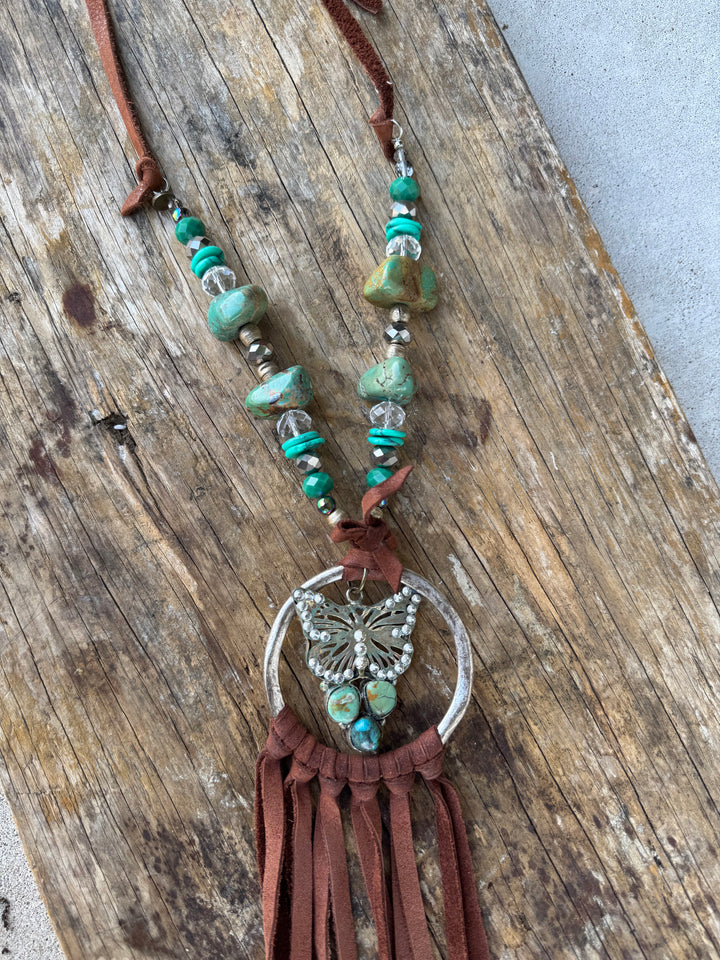 Real Turquoise Pebble with Suede Silver Plated Necklace