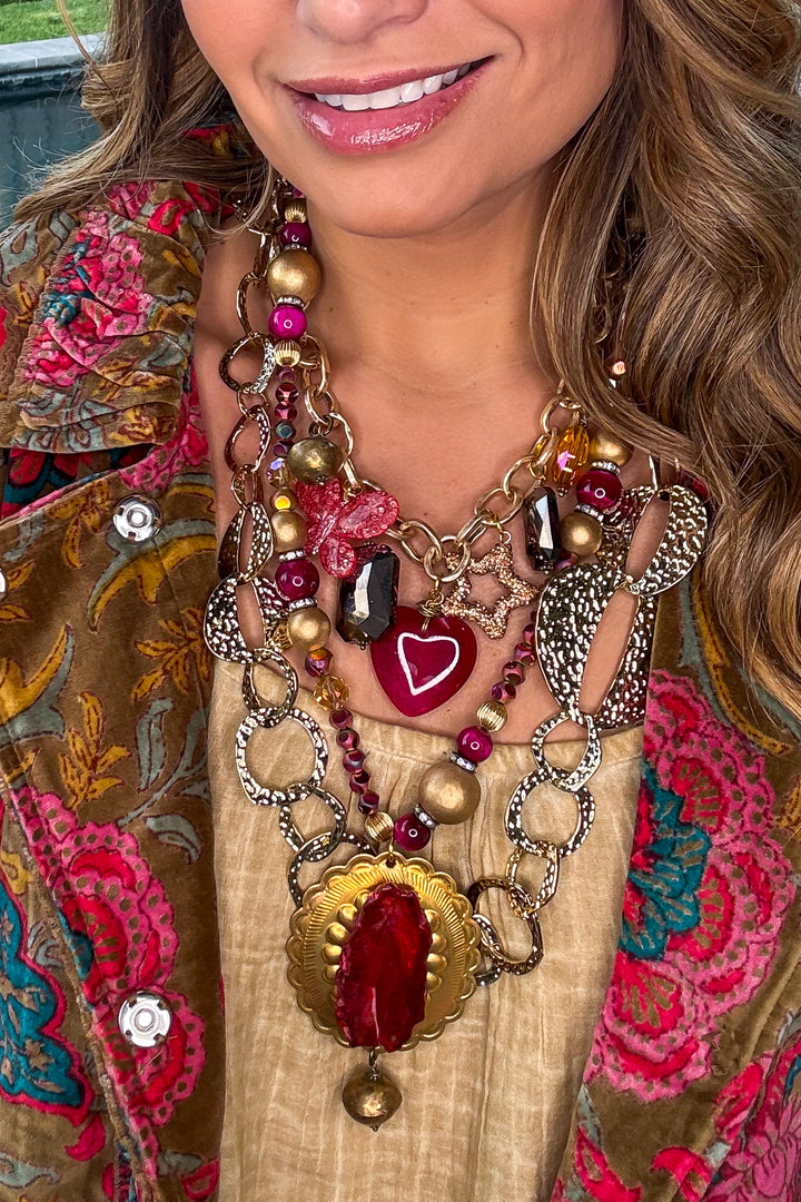 Red Druzy and Golden Medallion Statement Necklace