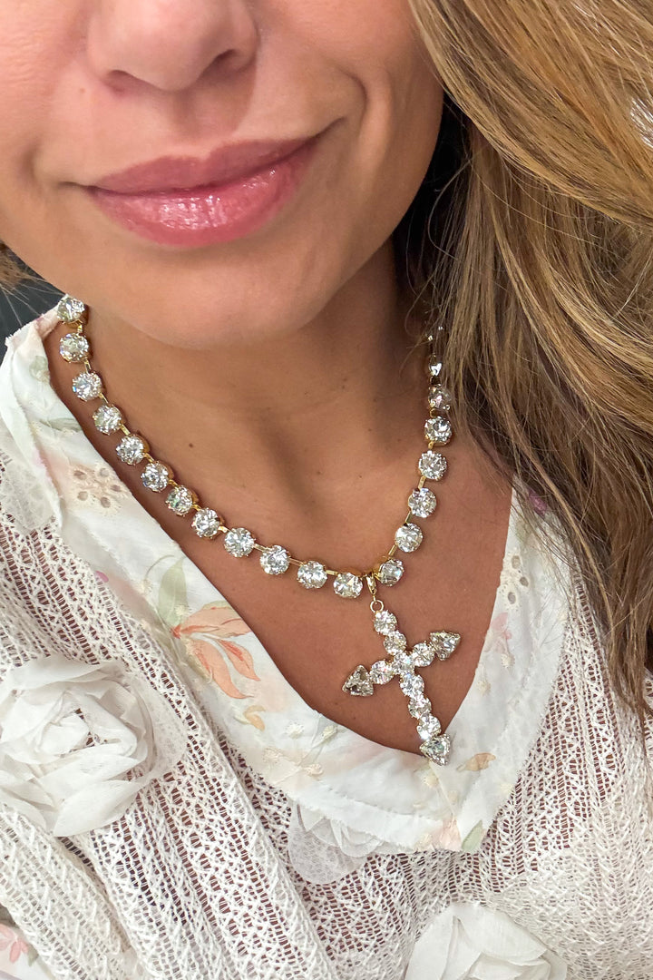 WAFA Austrian Crystal Cross Necklace - Clear