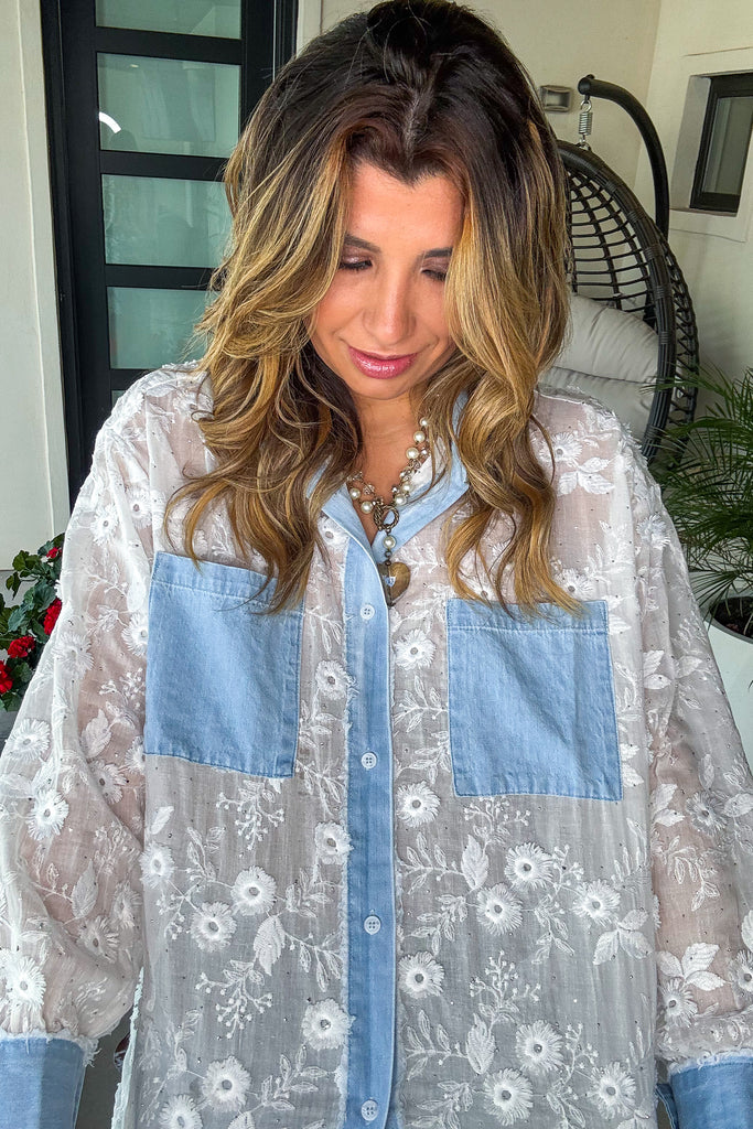 Diamond Dust Rhinestone Button Up Top - White - Made in Italy