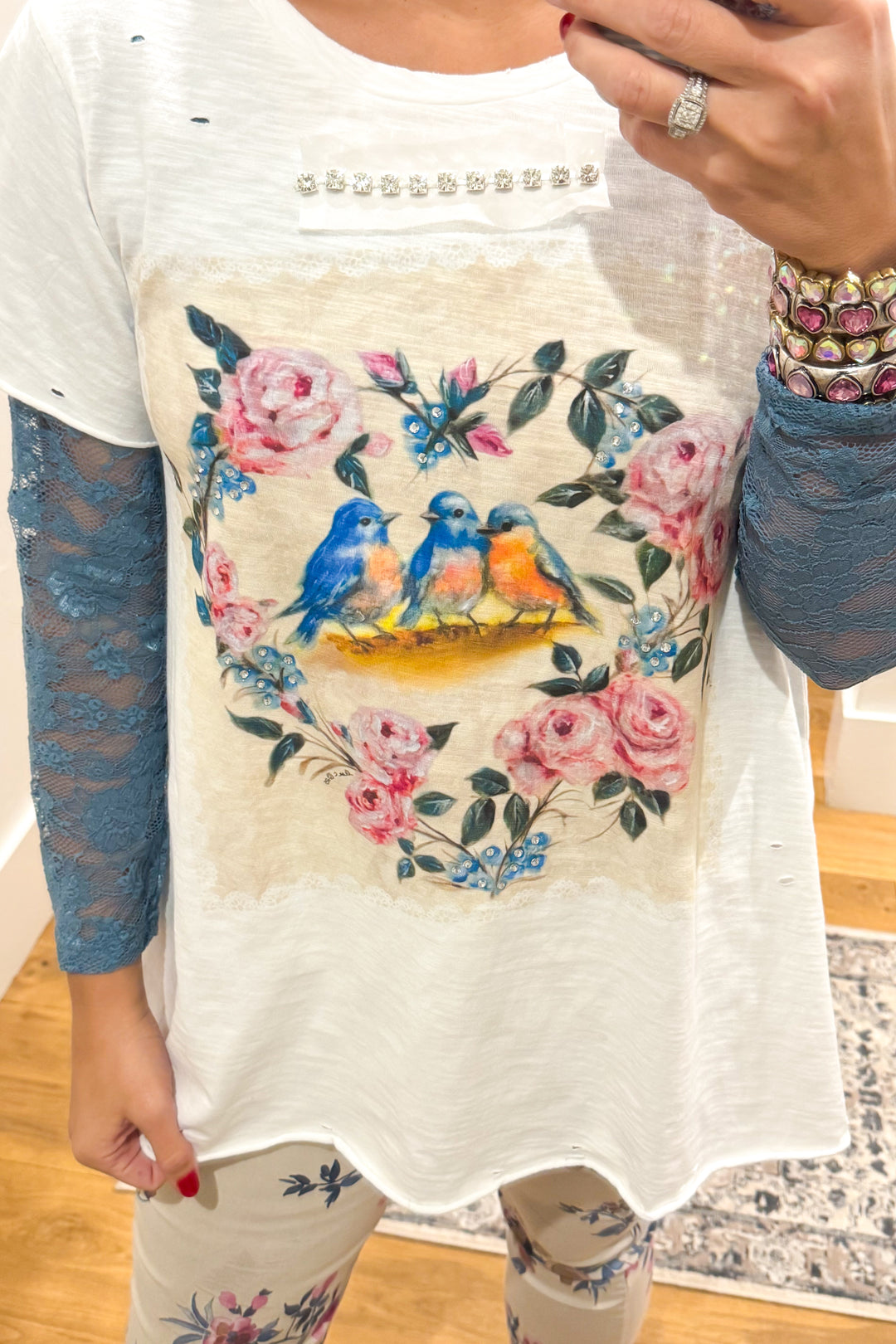 Songbirds Floral Cotton Top - 100% Cotton - Short Sleeve - Made in USA