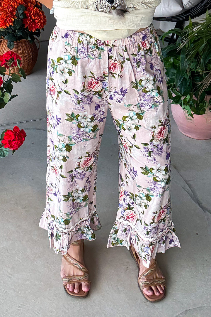 Floral Symphony Capris - 100% Cotton - Pale Rose