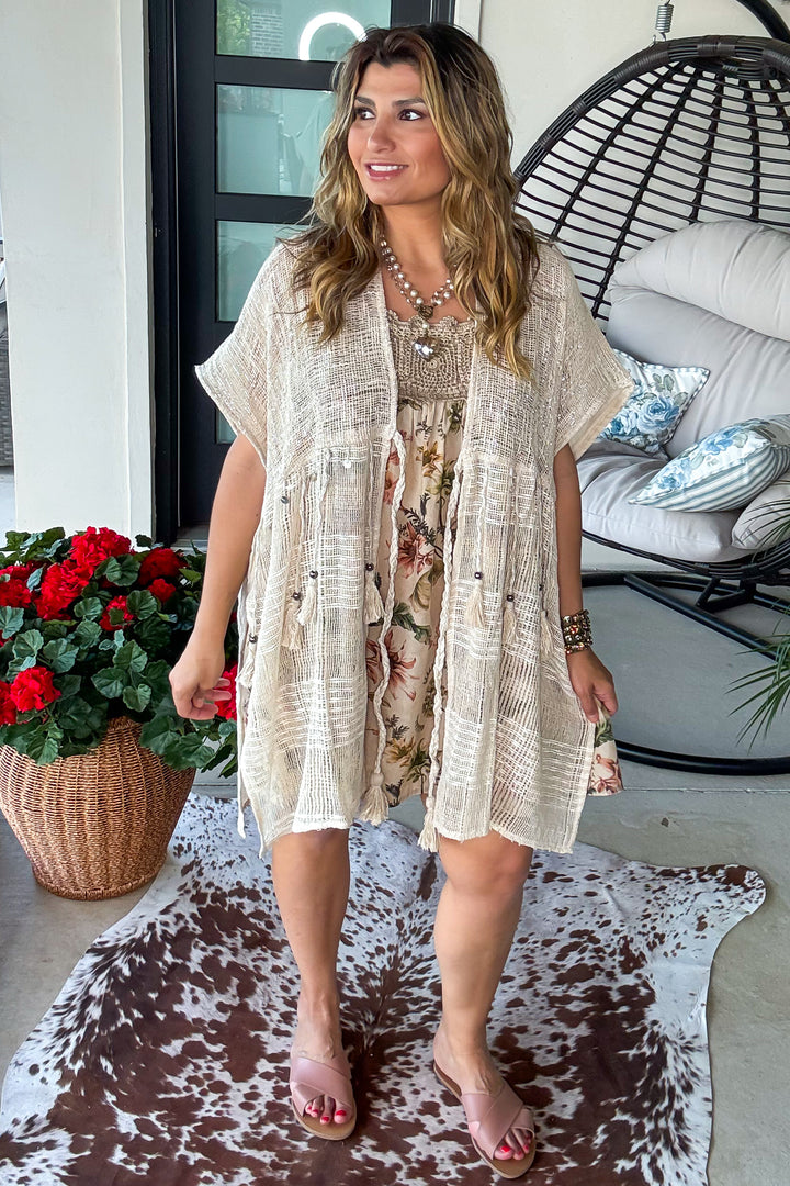 Starlit Sand Tie Front Cardigan - 100% Cotton - Natural