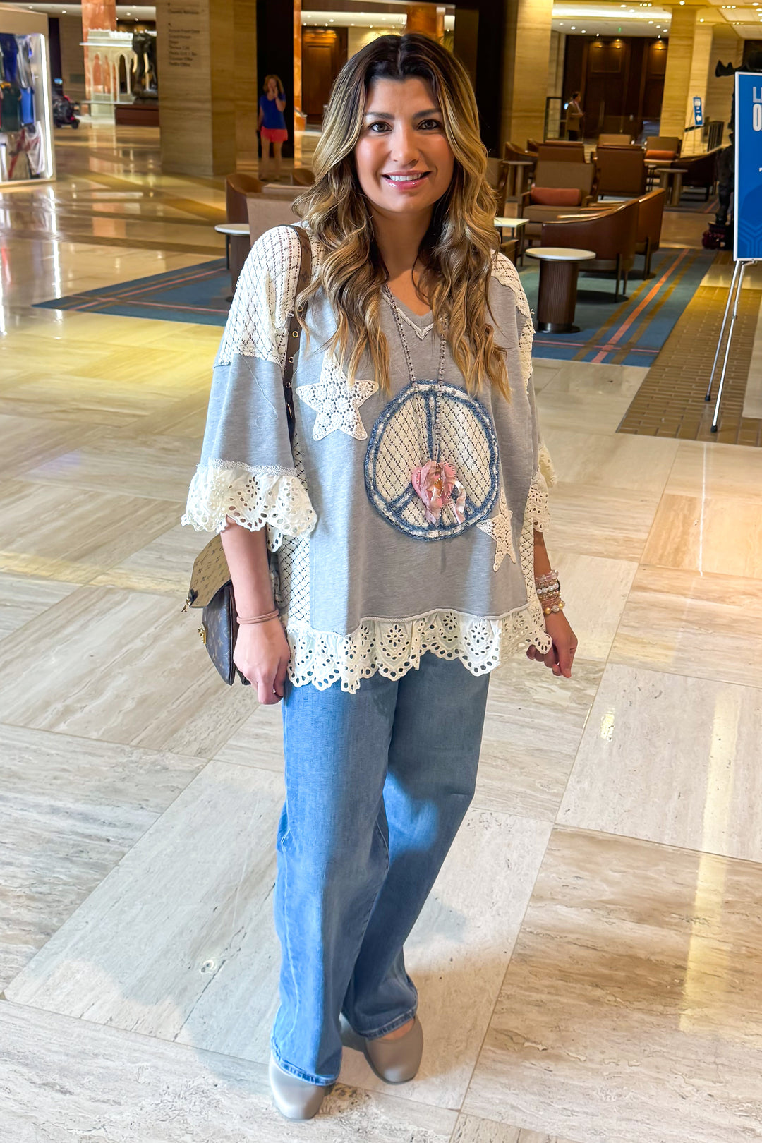 Peace And Pearls Oversized Top - Lt. Grey