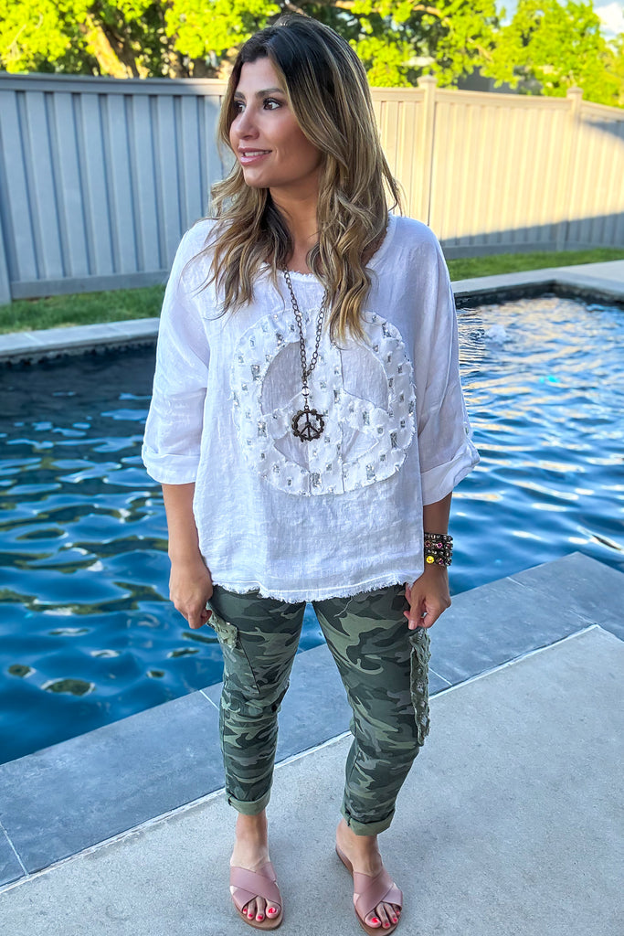 Made in Italy Scrunchy Stretch Cargo Jogger Pants – Ultra Comfortable - Green Camo Sequin (Size 6 to 24)